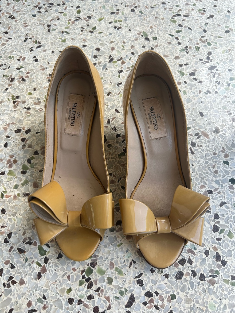 Valentino Patent Leather Peep-Toe Pumps with Bow in Mustard